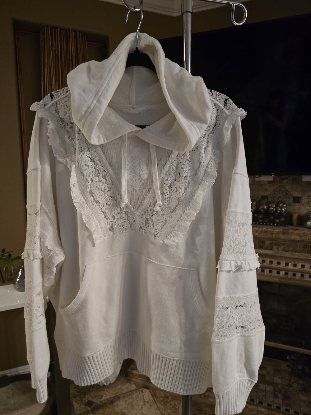 FP Movement by Free People Studio Tunic Hooded Lace Trim Sweatshirt NWOT M